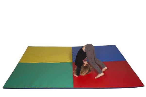 Faltmatte für Schulen und Sportzentren – bunte Matte mit Gelb, Grün, Rot und Blau, ideal für Kinder beim Turnen, Spielen und Üben.