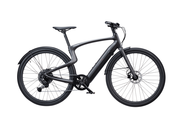 Urtopia Carbon 1 E-Bike in Seitenansicht mit Carbonrahmen, nur 14 kg Gewicht, LED-Blinkern, GPS-Tracking, Fingerabdrucksensor, entnehmbarem Akku und Smartbar-Display.