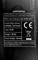 Typenschild des Urtopia Carbon 1 mit Leistungsdaten, CE-Kennzeichnung und Normangaben.