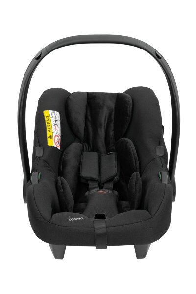 Draufsicht eines modernen Kinderautositzes in Schwarz.