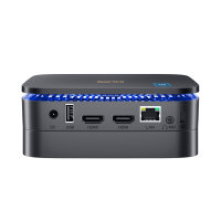 Blackview MP60 Mini PC – Rückansicht mit zwei HDMI-Ports, USB, LAN, Mikrofon- und Netzanschluss