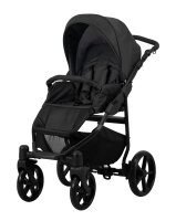 Kinderwagen in leicht schräger Frontansicht, sichtbar mit Sonnenverdeck, Sicherheitsbügel, Vier-Rad-Fahrgestell und geräumigem Unterkorb.