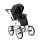 Ansicht von Schräg-Rechts eines modernen Kinderwagens, sichtbar mit Sonnenverdeck, Sicherheitsbügel, Vier-Rad-Fahrgestell und geräumigem Unterkorb.
