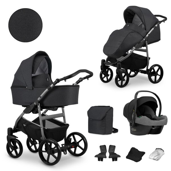 Kombikinderwagen in zwei Ansichten: links Seitenansicht mit Babywanne, rechts Frontansicht mit Sportsitz, unten Vorderansicht einer passenden Tragetasche und zwei Zubehörtaschen, rechts unten Ansicht eines passenden Autositzes dazu.