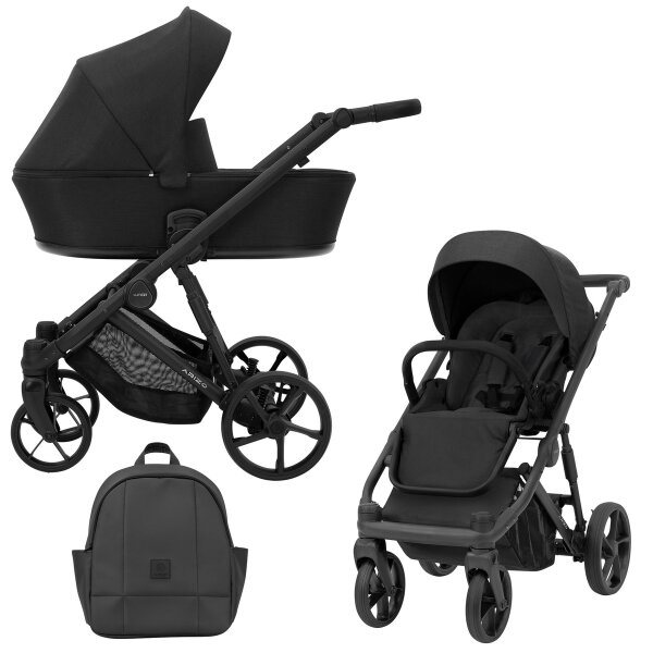 Schwarzer Kombikinderwagen in drei Ansichten: links Seitenansicht mit Babywanne, rechts Frontansicht mit Sportsitz, unten Vorderansicht eines passenden Rucksacks.