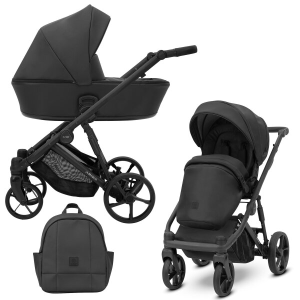 Schwarzer Kombikinderwagen in drei Ansichten: links Seitenansicht mit Babywanne, rechts Frontansicht mit Sportsitz, unten Vorderansicht eines passenden Rucksacks.