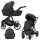 Schwarzer Kombikinderwagen in drei Ansichten: links Seitenansicht mit Babywanne, rechts Frontansicht mit Sportsitz, unten Vorderansicht eines passenden Rucksacks.