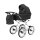 Kinderwagen in leicht Schräger Seitenansicht, sichtbar mit Sonnenverdeck, Sicherheitsbügel, passender Tasche und geräumigem Unterkorb.