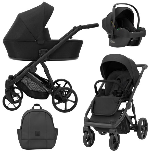 Schwarzer Kombikinderwagen in drei Ansichten: links Seitenansicht mit Babywanne, rechts Frontansicht mit Sportsitz, unten Vorderansicht eines passenden Rucksacks, rechts oben Ansicht eines passenden Autositz dazu.