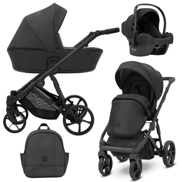 Schwarzer Kombikinderwagen in drei Ansichten: links Seitenansicht mit Babywanne, rechts Frontansicht mit Sportsitz, unten Vorderansicht eines passenden Rucksacks, rechts oben Ansicht eines passenden Autositz dazu.