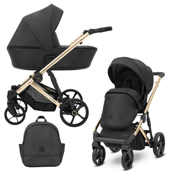 Kombikinderwagenl in drei Ansichten: links Seitenansicht mit Babywanne, rechts Frontansicht mit Sportsitz, unten Vorderansicht eines passenden Rucksacks.