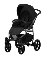 Kinderwagen in leicht schräger Frontansicht, sichtbar mit Sonnenverdeck, Sicherheitsbügel, Vier-Rad-Fahrgestell und geräumigem Unterkorb.