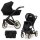 Kombikinderwagen in drei Ansichten: links Seitenansicht mit Babywanne, rechts Frontansicht mit Sportsitz, unten Vorderansicht eines passenden Rucksacks.