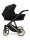 Kinderwagen in Seitenansicht, sichtbar mit Sonnenverdeck, Sicherheitsbügel, Vier-Rad-Fahrgestell und geräumigem Unterkorb.