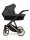 Kinderwagen in Seitenansicht, sichtbar mit Sonnenverdeck, Sicherheitsbügel, Vier-Rad-Fahrgestell und geräumigem Unterkorb.