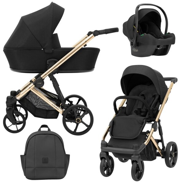 Schwarzer Kombikinderwagen in drei Ansichten: links Seitenansicht mit Babywanne, rechts Frontansicht mit Sportsitz, unten Vorderansicht eines passenden Rucksacks, rechts oben Ansicht eines passenden Autositz dazu.