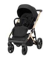 Kinderwagen in leicht schräger Frontansicht, sichtbar mit Sonnenverdeck, Sicherheitsbügel, Vier-Rad-Fahrgestell und geräumigem Unterkorb.