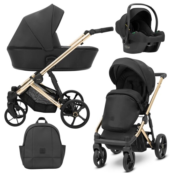 Kombikinderwagen in drei Ansichten: links Seitenansicht mit Babywanne, rechts Frontansicht mit Sportsitz, unten Vorderansicht eines passenden Rucksacks, rechts oben Ansicht eines passenden Autositz dazu.