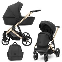 Kombikinderwagen in zwei Ansichten: links Seitenansicht, rechts Frontansicht, unten Vorderansicht eines passenden Rucksacks.