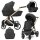 Kombikinderwagen in drei Ansichten: links Seitenansicht mit Babywanne, rechts Frontansicht mit Sportsitz, unten Vorderansicht eines passenden Rucksacks, rechts oben Ansicht eines passenden Autositz dazu.