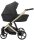 Kinderwagen in Seitenansicht, sichtbar mit Sonnenverdeck, Sicherheitsbügel, Vier-Rad-Fahrgestell und geräumigem Unterkorb.
