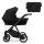 Kombikinderwagen in drei Ansichten: links Seitenansicht mit Babywanne, rechts Frontansicht mit Sportsitz, unten Vorderansicht eines passenden Rucksacks.