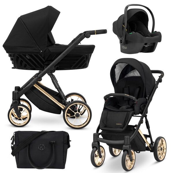 Kombikinderwagen in drei Ansichten: links Seitenansicht mit Babywanne, rechts Frontansicht mit Sportsitz, unten Vorderansicht eines passenden Rucksacks.