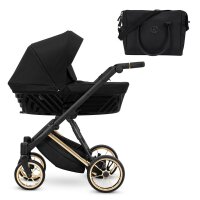 Seitenansicht eines modernen Kinderwagens, oben passende Tasche