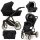 Kombikinderwagen in drei Ansichten: links Seitenansicht mit Babywanne, rechts Frontansicht mit Sportsitz, unten Vorderansicht eines passenden Rucksacks.