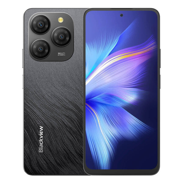 Blackview Shark 9 Smartphone in schwarz - Vorder- und Rueckseite mit Kamera und leuchtendem 6,67 Zoll Display