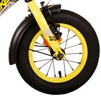 Schwarzes Fahrrad mit gelben Akzenten und luxuriösem Sattel
