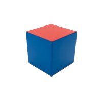 Blauer Würfel mit rotem Deckel, aus festem Material...