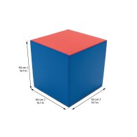 Bunter Würfel in Blau und Rot mit 50 cm Seitenlänge