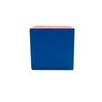 Blauer Würfel mit rotem Deckel, schlichtes Design...