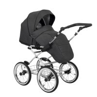 Ansicht von Schräg-Links eines modernen Kinderwagens, sichtbar mit Sonnenverdeck, Sicherheitsbügel, Vier-Rad-Fahrgestell und geräumigem Unterkorb.