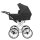 Kinderwagen in Seitenansicht, sichtbar mit Sonnenverdeck, Sicherheitsbügel, Vier-Rad-Fahrgestell und geräumigem Unterkorb.