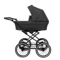 Kinderwagen in Seitenansicht, sichtbar mit Sonnenverdeck, Sicherheitsbügel, Vier-Rad-Fahrgestell und geräumigem Unterkorb.