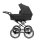 Kinderwagen in Seitenansicht, sichtbar mit Sonnenverdeck, Sicherheitsbügel, Vier-Rad-Fahrgestell und geräumigem Unterkorb.