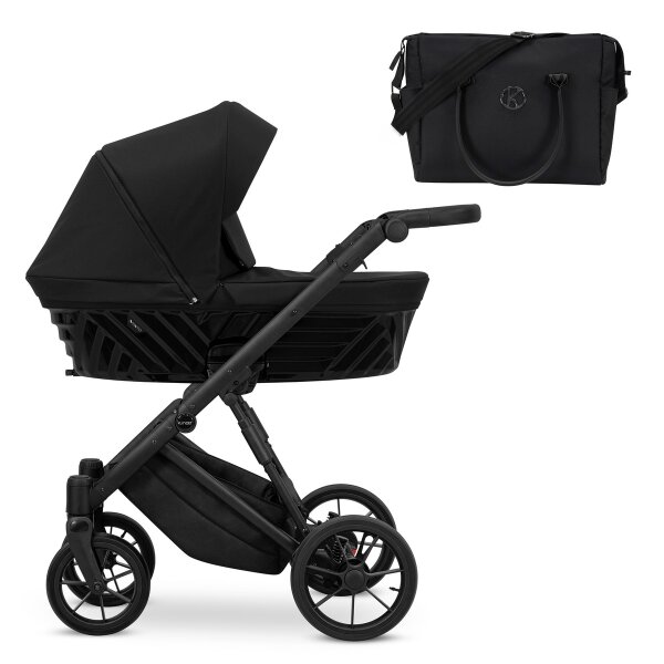 Kombikinderwagen in drei Ansichten: links Seitenansicht mit Babywanne, rechts Frontansicht mit Sportsitz, unten Vorderansicht eines passenden Rucksacks.