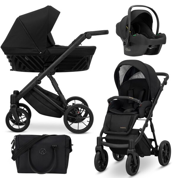 Kombikinderwagen in drei Ansichten: links Seitenansicht mit Babywanne, rechts Frontansicht mit Sportsitz, unten Vorderansicht eines passenden Rucksacks.