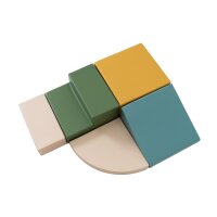 Bunte, geometrische Holzbausteine in verschiedenen Formen...