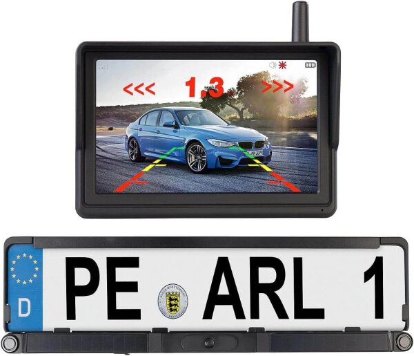 B-WARE - Lescars Solar-Funk-HD-Rückfahrkamera PA-720.slr - Kabellose Einparkhilfe mit Nummernschildhalter, Monitor & Abstandswarner