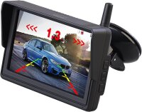 B-WARE - Lescars Solar-Funk-HD-Rückfahrkamera PA-720.slr - Kabellose Einparkhilfe mit Nummernschildhalter, Monitor & Abstandswarner