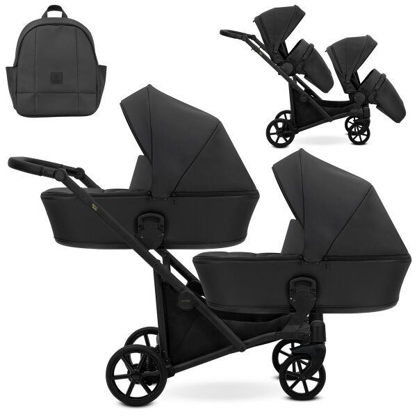 Zwillingskinderwagen-Set, Ansicht bestehend aus zwei 2-in-1 Kinderwagen in Schwarz mit schwarzem Rahmen und einer Tasche.