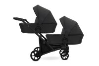 Zwillingskinderwagen-Set, Ansicht bestehend aus 2-in-1 Kinderwagen in Schwarz mit schwarzem Rahmen, Sonnenverdeck oben.