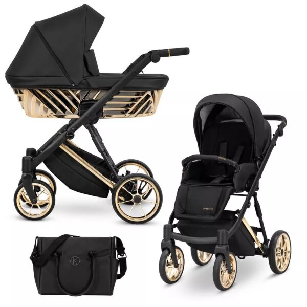 Kombikinderwagen in drei Ansichten: links Seitenansicht mit Babywanne, rechts Frontansicht mit Sportsitz, unten Vorderansicht eines passenden Rucksacks.