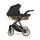 Ansicht von Links eines modernen Kinderwagens, sichtbar mit Sonnenverdeck, Sicherheitsbügel, Vier-Rad-Fahrgestell und geräumigem Unterkorb, oben Vorderansicht eines passenden Rucksacks.