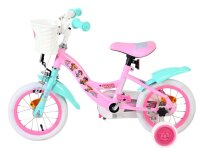 Rosa Kinderfahrrad mit Korb, weißen Reifen und bunten Griffen