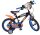 Schwarzes Kinderfahrrad mit blauen und orangefarbenen Akzenten und Rennmotiven