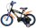 Schwarzes Kinderfahrrad mit blauen und orangefarbenen Akzenten und Stützrädern